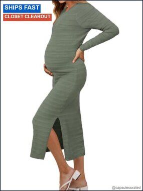 Maternity Long Sleeve Crewneck Side Slit Midi Sweater Dress